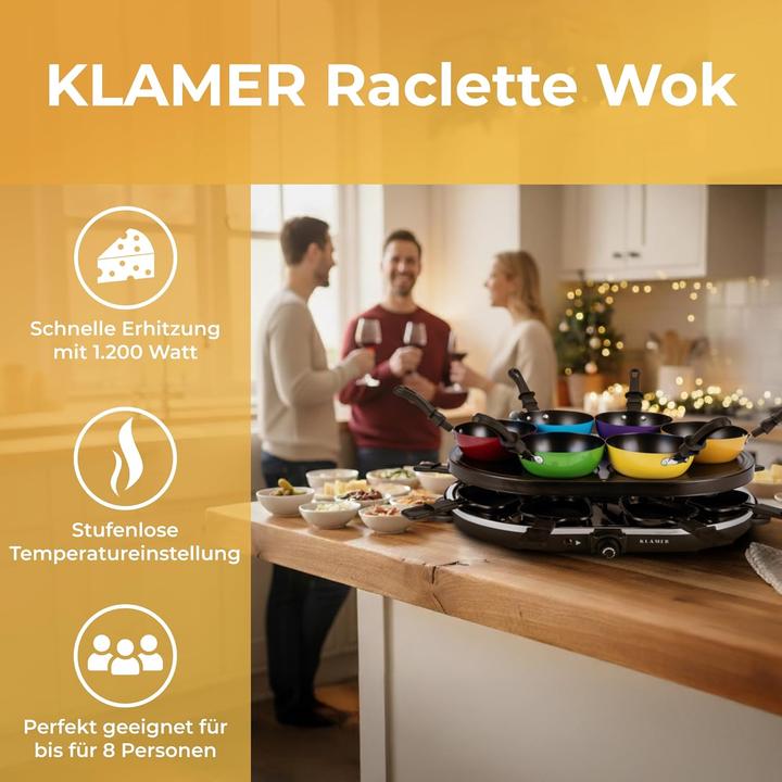 Produktbild KLAMER Raclette-Wok 1200 W – Raclette Grill mit 6 Wokpfännchen & 8 Raclettepfännchen, Antihaftb…