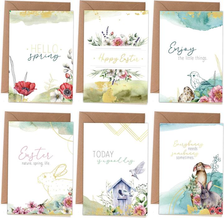 Papierdrachen 6 biglietti di Pasqua con busta - acquerello con lamina d'oro Set 4