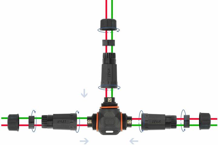 Actual product image Delock Cable connector T-shape for outdoor use 2 pin, IP68 waterproof, screwable, cable diameter 4,5