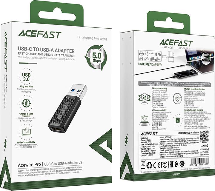 Produktbild Acefast J2 USB-C 3.0 (Female) to USB-A 3.0 (Male) 5Gb/s Adapter - Black (USB-A)