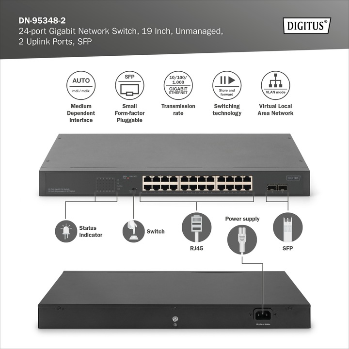 Produktbild Digitus 24-Port Gigabit Netzwerkswitch, 19 Zoll, unmanaged,2 Uplink Ports, SFP (24 Ports)