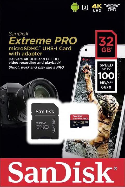 Produktbild SanDisk Extreme PRO UHS-I V30 (32 GB, microSDHC, U3, UHS-I)