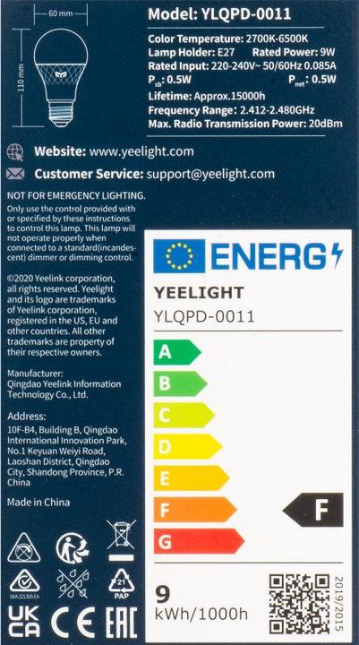 Energie-Label Yeelight Inteligentna żarówka W4 E27 (kolor) 1szt (E27, 806 lm, 1 x)