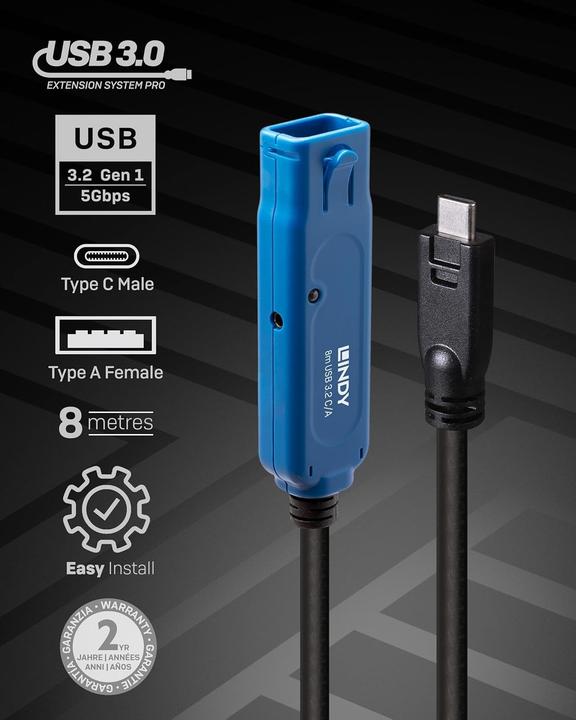 Actual product image Lindy 8m USB 3.2 Gen 1 C/A Active Extension Pro Up to 40m extension for a USB type A device on a (8 m, USB 3.2 Gen 1)
