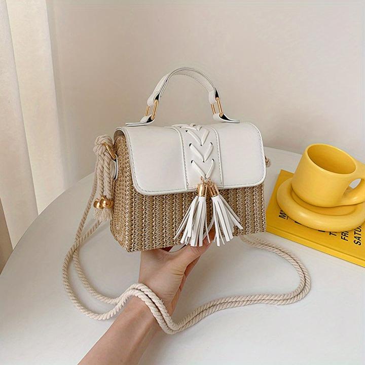 Immagine prodotto Only-Bags.Store Borse di paglia intrecciata con decorazioni di nappe, mini borsa da spiaggia con cinturino, manico