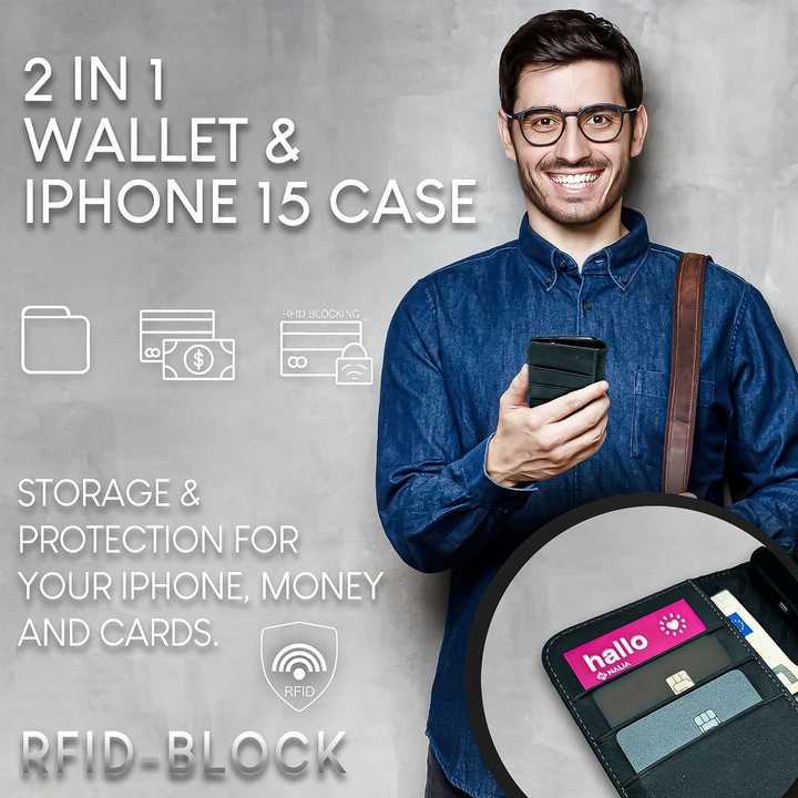 Produktbild Nalia Echt Leder Flip Case Hülle mit Magnetverschluss (Apple iPhone 15 Plus)