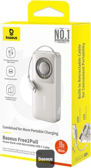 Image du produit Baseus Free2Pull 10000mAh 30W powerbank avec port USB-C et câble USB-C rétractable - gris (10000 mAh, 30 W, 37 Wh)