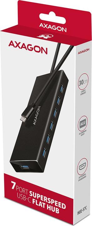 Image du produit Axagon HUE-F7A 7x USB 3.2 Gen 1 Aluminium Flat Hub, câble USB-C de 30 cm (USB-C, 7 ports)