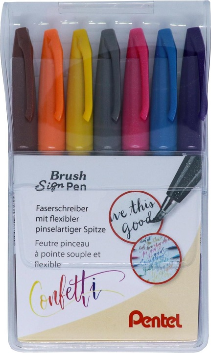 Pentel Brush Sign Pen, Faserschreiber (Mehrfarbig, 7 x)