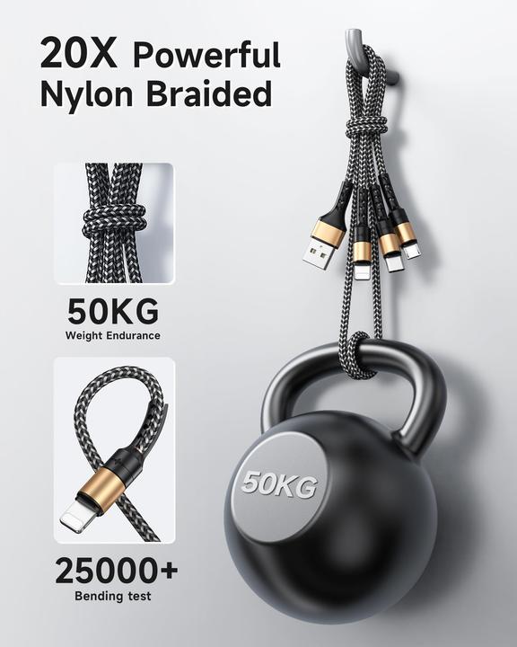 Image du produit Alopini Universelles Ladekabel Nylon Quick 3-in-1-Mehrfachladekabel mit Micro-USB (3 m)