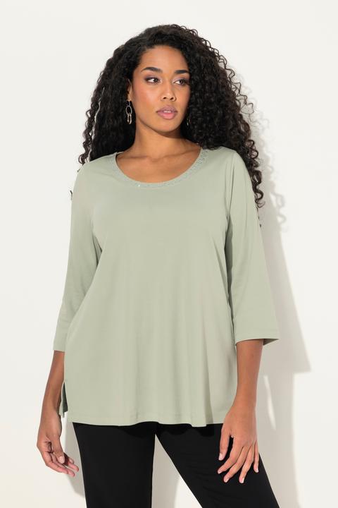 Image du produit Ulla Popken T-shirt coupe évasée, manches 3/4 et petits strass fantaisie tout autour du col rond (42, 44)