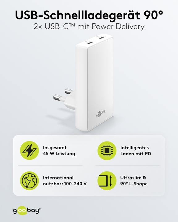 Produktbild Goobay USB-C PD GaN Dual-Schnellladegerät 90° Flat 45 W weiss (45 W, 2 Ports)