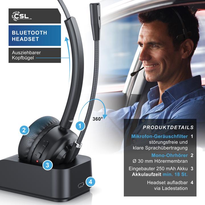 Produktbild CSL Wireless-Headset, Bluetooth Kopfhörer, Mikrofon, Ladestation, Noise Cancel, Multipoint, BT 5.3 (Kabellos, USB-A, Microsoft Teams, Skype, Zoom)