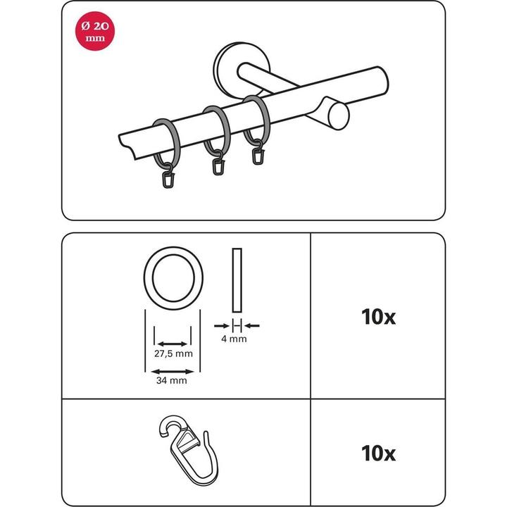 Productafbeelding Gardinia Gordijnring met schuifstuk Zwart, 10 stuks.