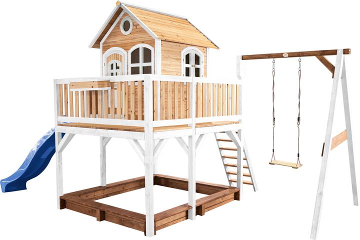 Axi Maison de jeu Liam avec balançoire simple Marron/Blanc - Toboggan bleu