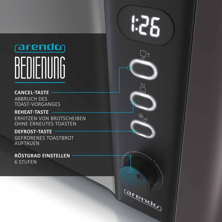 Produktbild Arendo Toaster Edelstahl 2 Scheiben Langschlitz, Display mit Restzeitanzeige, Brötchenaufsatz, Doppelwand