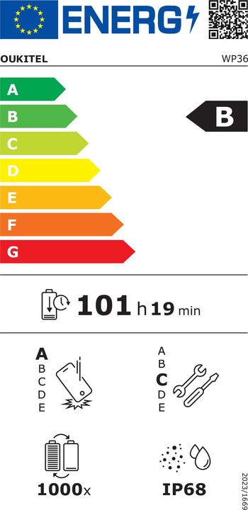 Label énergétique Oukitel WP36 (128 Go, Noir, 6.52", Double SIM, 4G)