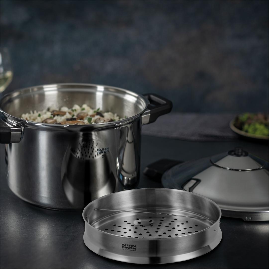 Thumbnail - Kuhn Rikon DUROMATIC INOX Seitengriffmodell Set 5.0L/22 cm + Dämpfeinsatz, Pfanne + Kochtopf