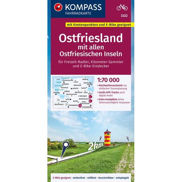 Fahrradkarte 3322 Ostfriesland mit allen Ostfriesischen Inseln mit Knotenpunkten 1:, Landkarte