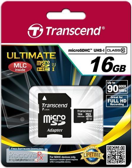 Actual product image Transcend microSDHC Ultimate 600x with adapter (16 GB, microSDHC, U1, UHS-I)