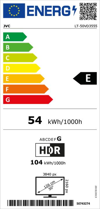 Energie-Label JVC Fernseher 50 Zoll Smart TV VIDAA LT-50VD3555-4K Fernseher UHD, HDR Dolby Vision und Triple-Tuner (50", LED, 4K, 2025)