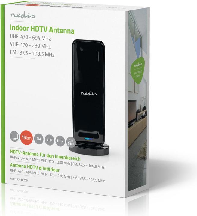 Produktbild Nedis Innenantenne Aktiv FM/UHF/VHF Empfangsbereich: 0-15 km LTE700 Verstärkung dBi (bei Antennenkab (Zimmerantenne, 28 dB, DVB-T / -T2, UKW / MW / LW)