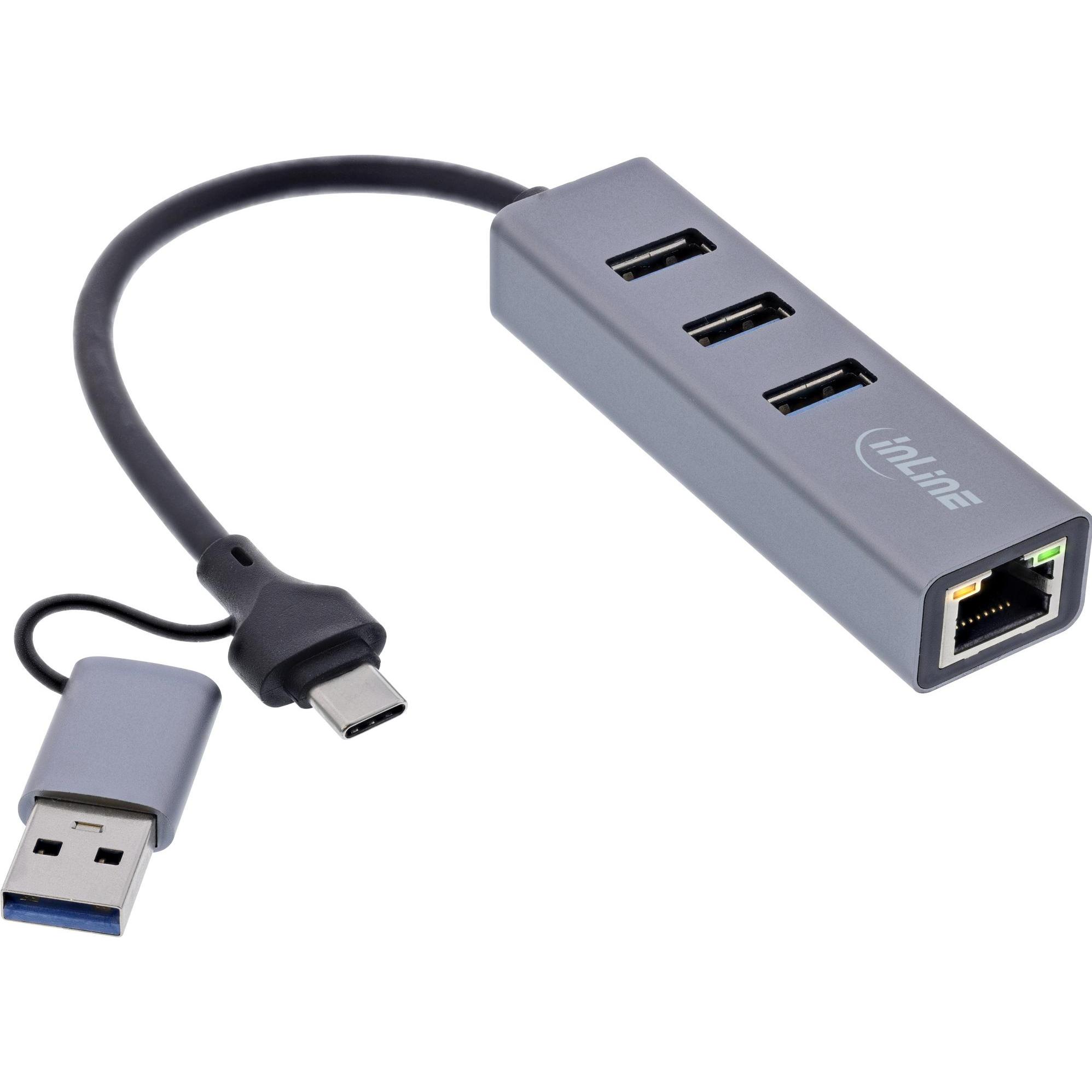 InLine 4in1 Gigabit Hub (USB-C, USB-A, 4 Porti), Docking station + Hub USB, Grigio