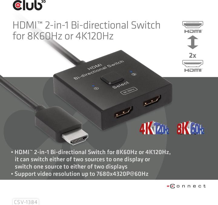 Produktbild Club 3D Club3D HDMI Switch 2-in-1 bidirektional 8K60Hz/4K120Hz UHD retail