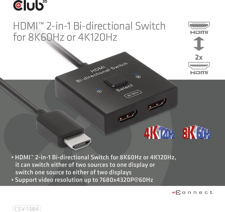 Actual product image Club 3D Club3D HDMI Switch 2-in-1 bidirectional 8K60Hz/4K120Hz UHD retail