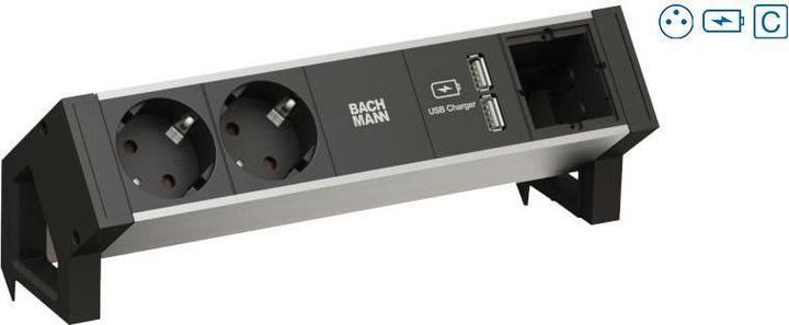 Productafbeelding Bachmann Bureau 2 Alu - 2 AC stopcontacten - Binnen - Type E - Aluminium - Plastic - Zwart (2 x, CEE 7/5, 0.20 m)