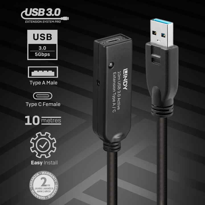 Produktbild Lindy 10m USB 3.0 Active Extension Type A to C (10 m, USB 3.2 Gen 1)
