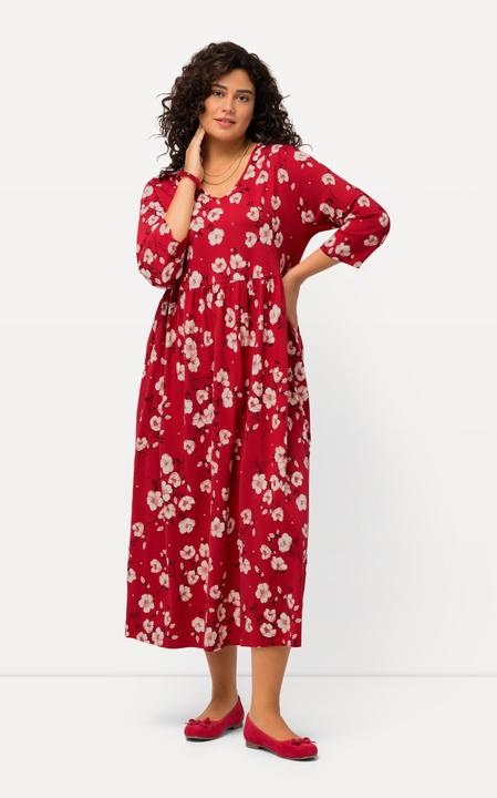 Image du produit Ulla Popken Robe en jersey, col en V et manches 3/4. Motif à fleurs. Ligne en A. (58)