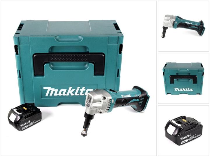 1x Makita DJN 161 18 V cordless nibbling shears, 1x Makita BL1850 5.0 Ah battery, 1x Makita Makpac size