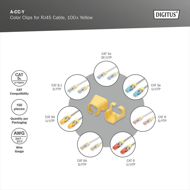 Actual product image Digitus Colour clips for RJ45 cables Colour yellow, 100 pieces pack