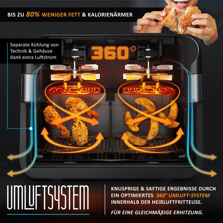 Produktbild Arendo Heissluftfritteuse XXL mit Sichtfenster, 2400 W, Vorheizen & Wenden, inkl Zubehör, Grill/Dörren