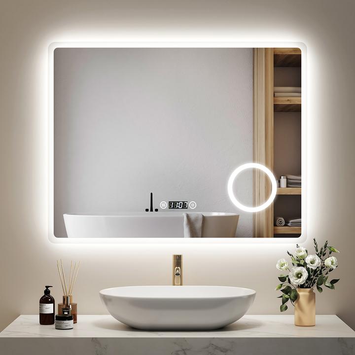 Produktbild Emke Badspiegel mit Beleuchtung 90*70cm,3X Vergrösserung, Beschlagfrei, Uhr, Kaltweiss (90 x 70 cm)