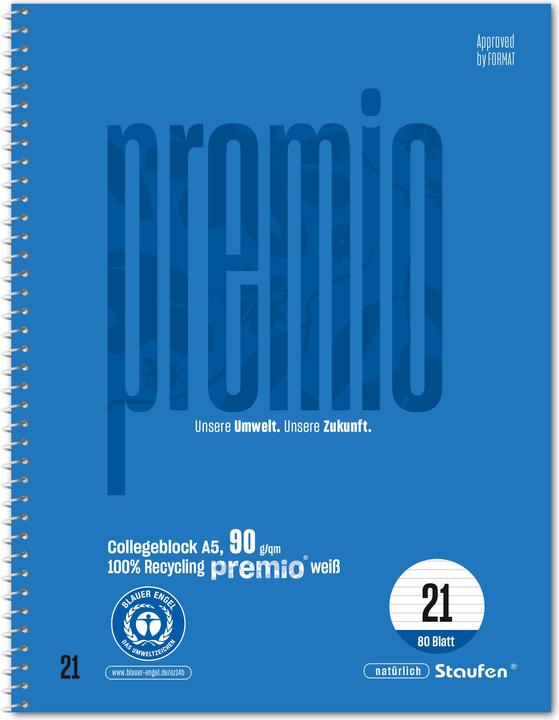 Immagine prodotto Staufen Blocco college Premio, rilegatura a spirale, 90 g/m², DIN A5, a righe, 80 fogli (A5, Righe, Copertina morbida)