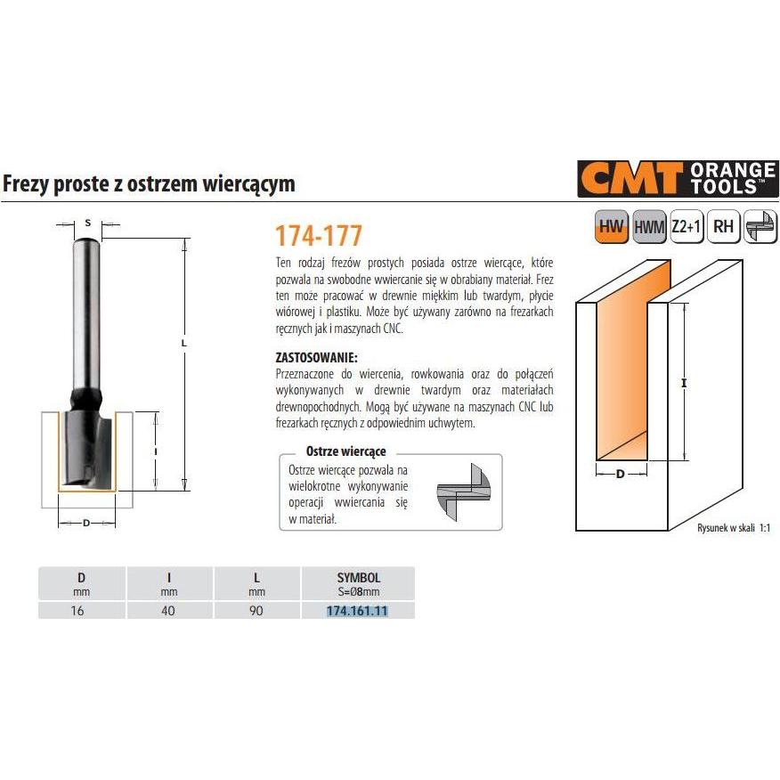 CMT, Punte per fresa, FREZ PROSTY WIERCĄCY HM D=16 I=40 L=90 S=8