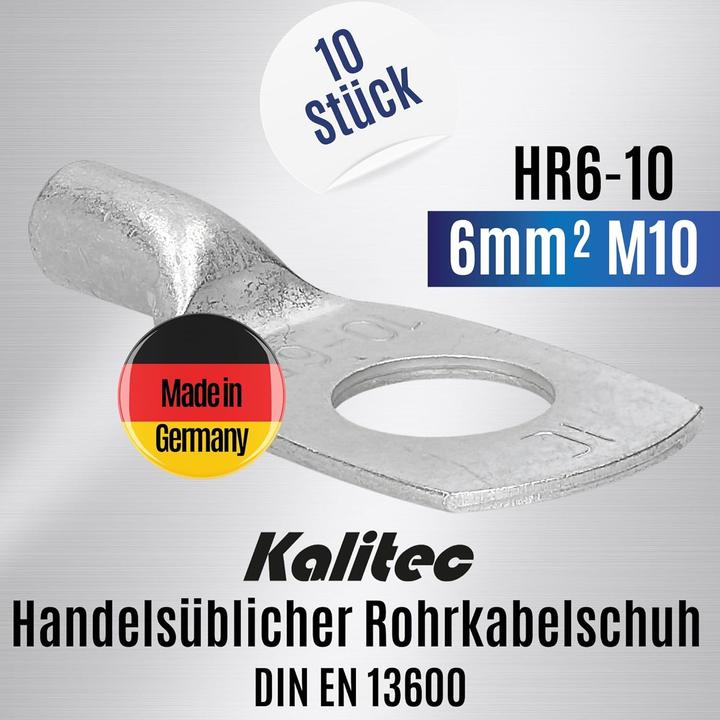 Produktbild Kalitec 10 Stück HR6-10 Handelsübliche Rohrkabelschuhe 6mm² M10 I ohne Sichtloch I Made in Germany