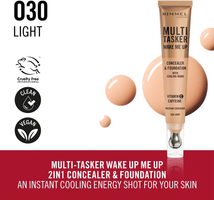 Actual product image Rimmel London Multi-Tasker Wake Me Up Foundation & Concealer 030 Light Depuffs Brightens Dark Circles Metallic Coo (Light)