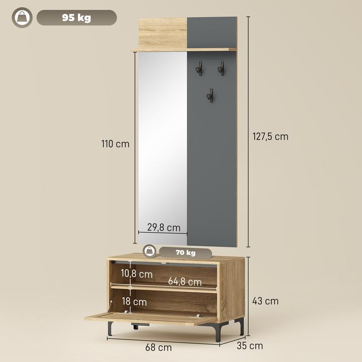 Produktbild Homcom Garderobe Set MDF, Spiegel Naturholz