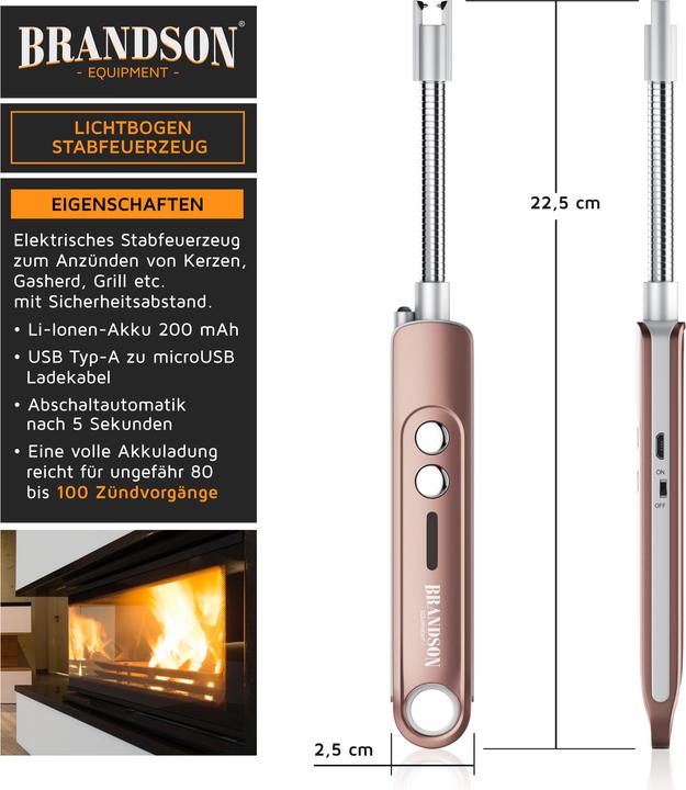 Produktbild Brandson 2x Feuerzeug elektrisch, Lichtbogen Stabfeuerzeug USB aufladbar, Grillanzünder, Kerzenanzünder