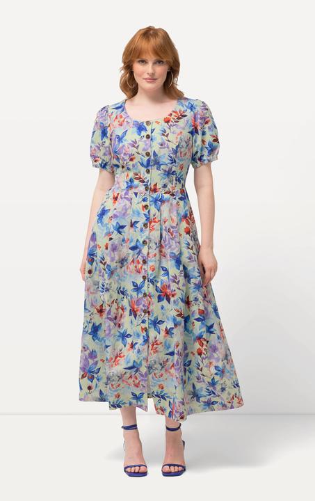 Image du produit Ulla Popken Robe midi en lin mélangé. Motif feuilles, décolleté rond et manches courtes bouffantes (60)