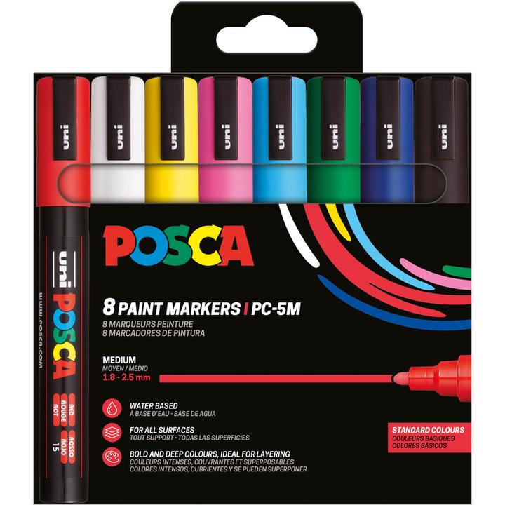 Image du produit Posca Basic (Bleu clair, Jaune, Bleu, Rouge, Noir, Pink, Blanc, Vert, 2.50 mm, 8 x)