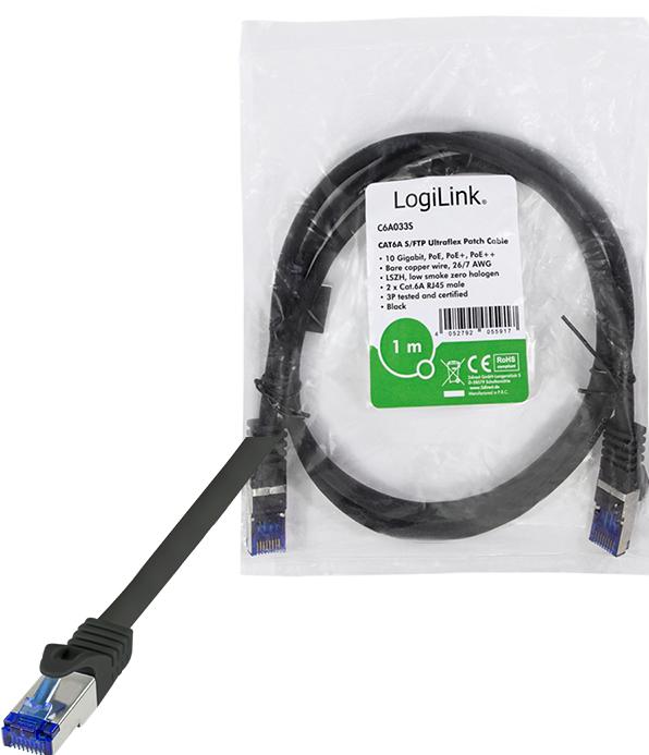 Actual product image LogiLink Patch cable Ultraflex, Cat.6A, S/FTP, 1.0 m, black (S/FTP, CAT6a, 1 m)