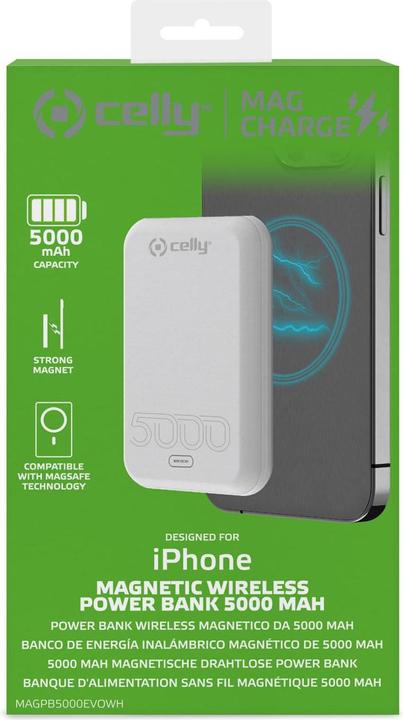 Image du produit Celly Power Bank Competible Magcharge 5a White Magpb5000evowh (5000 mAh, 15 W, 18.50 Wh)