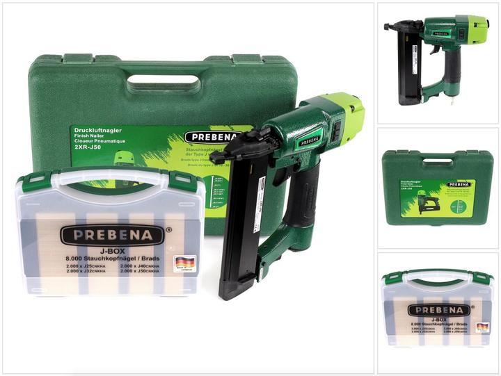 1x Allen key, 1x Prebena J-BOX 8,000 upsetting head nails / brads, 1x carrying case, 1x Prebena 2XR-J50 pneumatic nailer