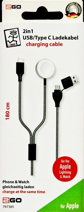 Produktbild 2GO 2in1 USB/Type C Ladekabel f. Watch & Smartphone 1,8m sw (1.80 m)