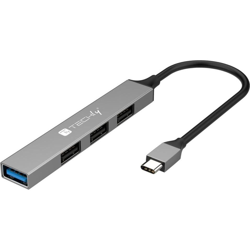 Techly USB-C 3.2 Hub mit 4 schlanken USB-A-Ports aus Metall Hersteller: (IUSB32-HUB4C-3U2SLS) (USB-C, 4 porte), Docking station + Hub USB, Grigio