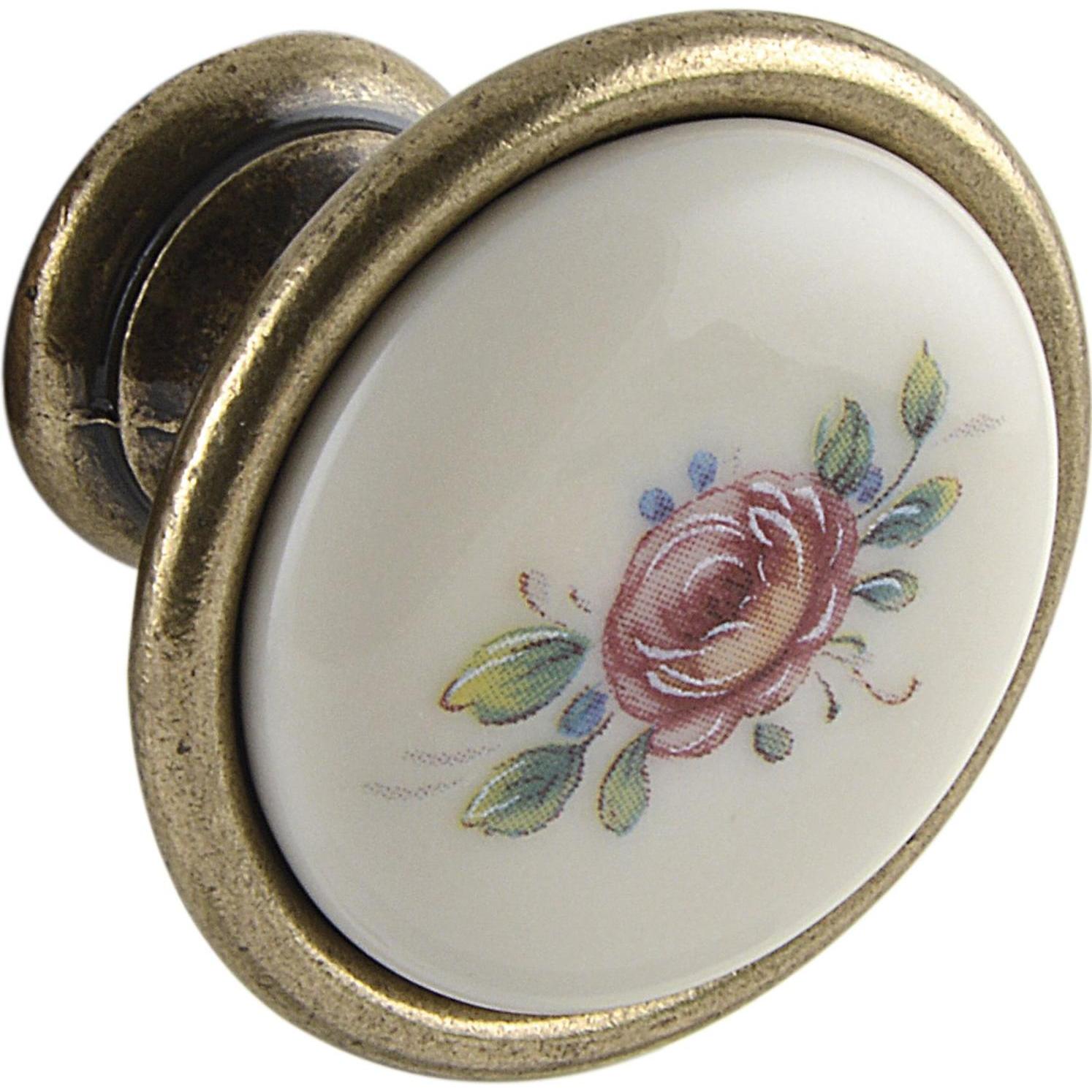 Schörghofer & Frehe, Möbelgriff, Knopf Rose ø 34 mm, Porzellan/ZN, elfenbein, bemalt/altvermessingt